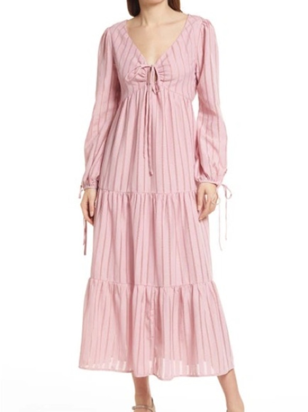 Charles Henry Blush Tiered Maxi Dress XS Long Sleeve Eyelet Stripe Boho Romantic